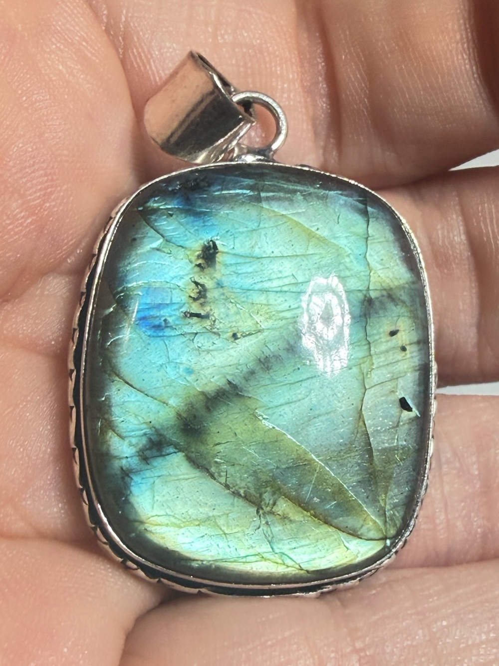 Labradorite Pendant | Teal Green Flash | Organic Rectangle | 2 Inches
